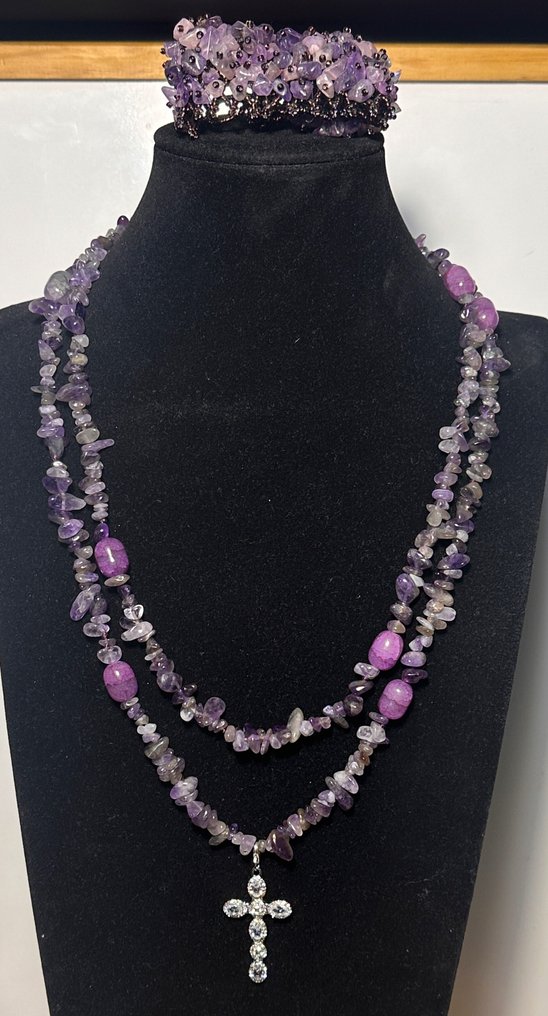 Φυσική αμέθοδος και χαλαζίας από τη Βραζιλία με Καθολικό Σταυρό και Ζιρκονίες. - Σετ κοσμημάτων 2 τεμαχίων - Με ασήμι 925. #2.1