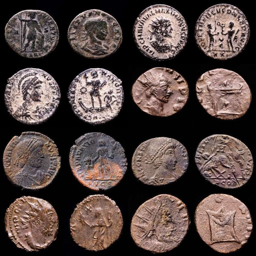 Római Birodalom. Lot comprising eight (8) bronze coins:. Antoninianus, Follis, Maiorinas. Claudius II (2), Tetricus I, Maximianus I, Crispus, Constantius II, Magnus Maximus and Gratian  (Nincs minimálár) #1.0