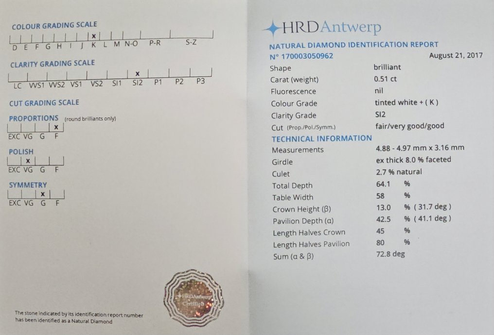 沒有保留價 - 1 pcs 鑽石 (天然) - 0.51 ct - 圓形 - K(輕微黃色、從正面看是亮白的) - SI2 - HRD Antwerp #3.2