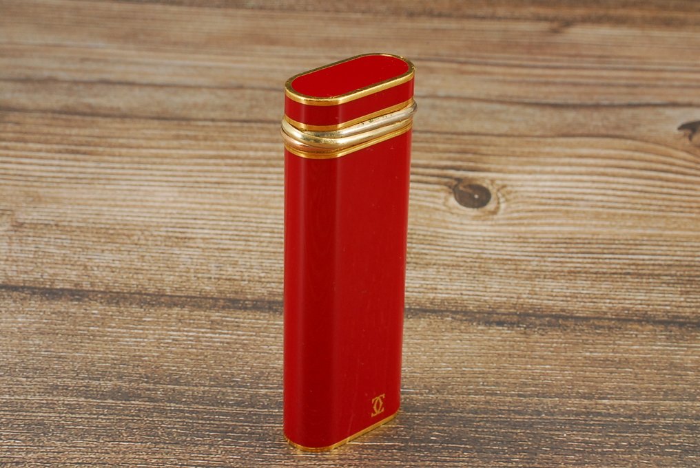 Cartier - Oval Gas Lighter - Pocket lighter - Gold-plated (Plaqué Or G) with red Chinese lacquer #2.1