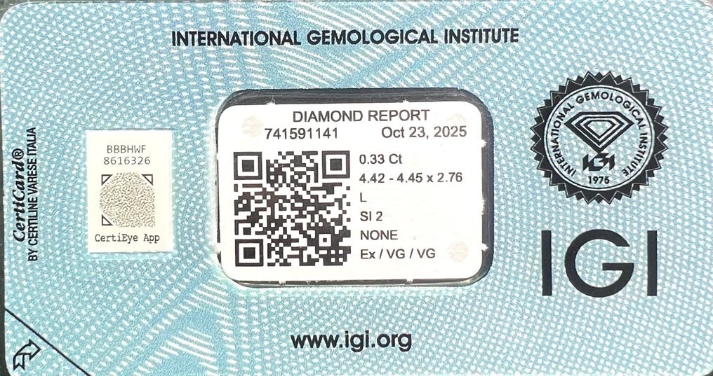 没有保留价 - 1 pcs 钻石  (天然)  - 0.33 ct - 圆形 - L - SI2 微内含二级 - 国际宝石研究院（IGI） #3.2