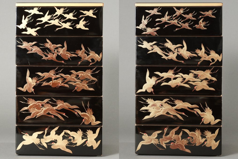 盒子 - 飞鹤抹漆五层重箱便当盒，配有两个盖子——内侧饰有松树和月亮的 Nashiji - 无保留价 #2.1