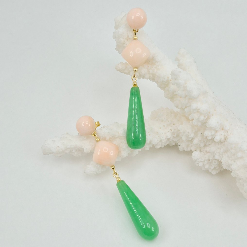 珊瑚 - 银, Gold-plated - 耳环 - 珊瑚粉色与翡翠 #1.0