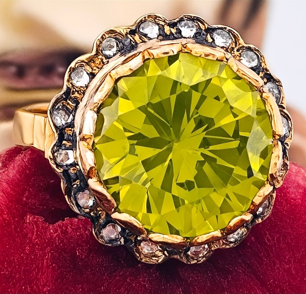 Ingen mindstepris - Ring - 9 kt. Gulguld, Sølv Peridot - Akvamarin #4.3