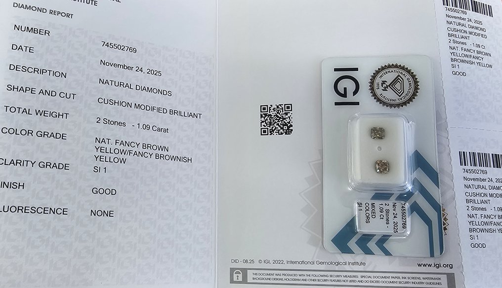 χωρίς τιμή ασφαλείας - 2 pcs Διαμάντι  (Φυσικό)  - 1.09 ct - Κούσιον - SI1 - International Gemological Institute (IGI) - Πολύ κομψό καφέ κίτρινο. #4.3