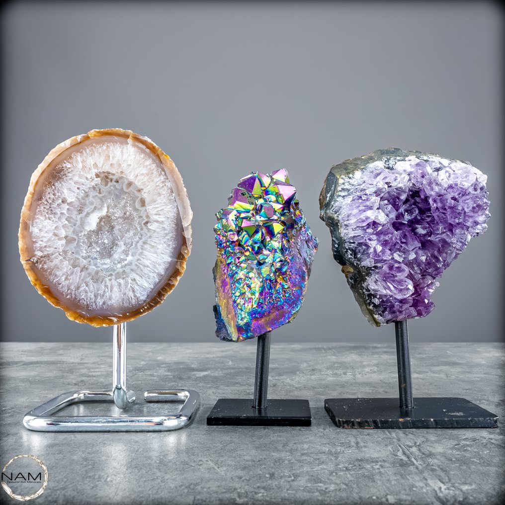 Αποκλειστικό σετ πολύτιμων λίθων Αμέθυστος, Αχάτης και Aura-Amethyst σε εκλεκτές βάσεις- 1051.22 g - (3) #2.1