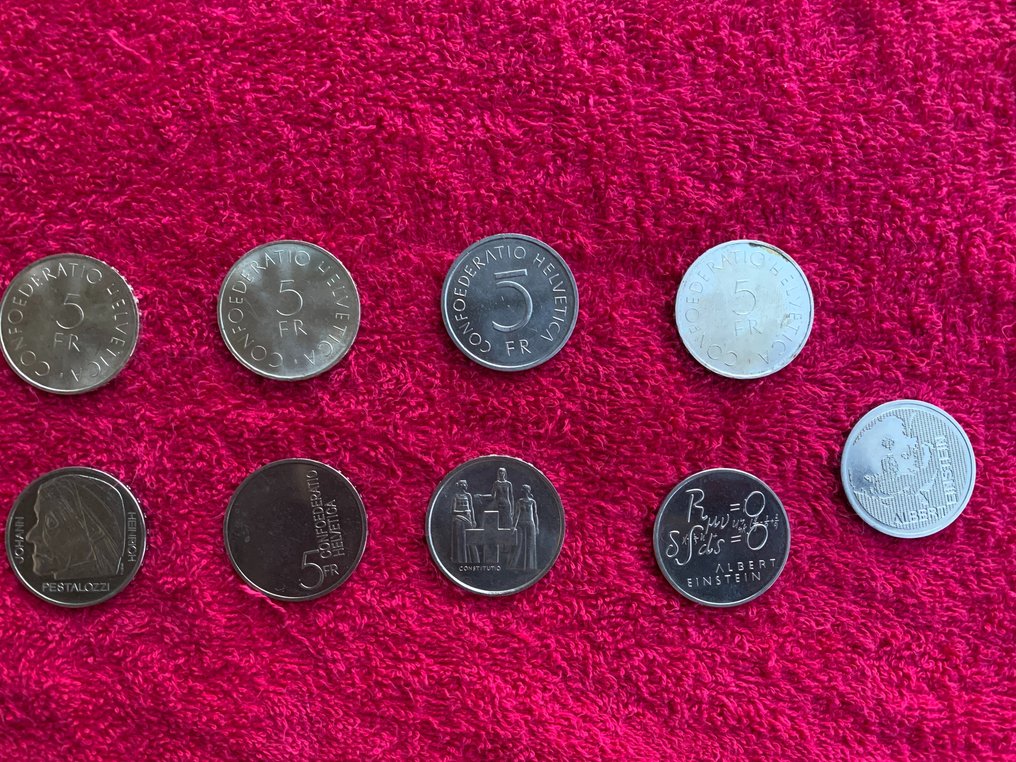 Switzerland. 5 Francs 9x incl. silver 3x 1963 Red Cross, various commemorative issues 1974/1985  (No reserve price) #1.0