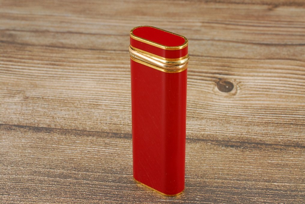 Cartier - Oval Gas Lighter - Pocket lighter - Gold-plated (Plaqué Or G) with red Chinese lacquer #3.2