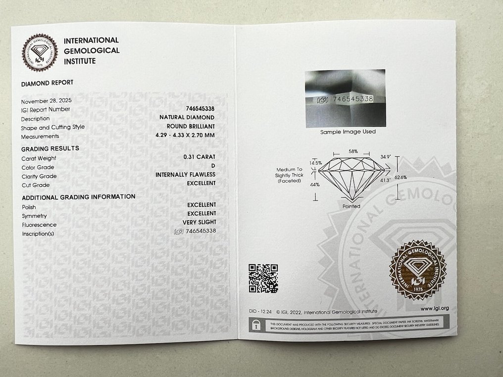 χωρίς τιμή ασφαλείας - 1 pcs Διαμάντι  (Φυσικό)  - 0.31 ct - Στρογγυλό - D (άχρωμο) - IF - International Gemological Institute (IGI) #3.2