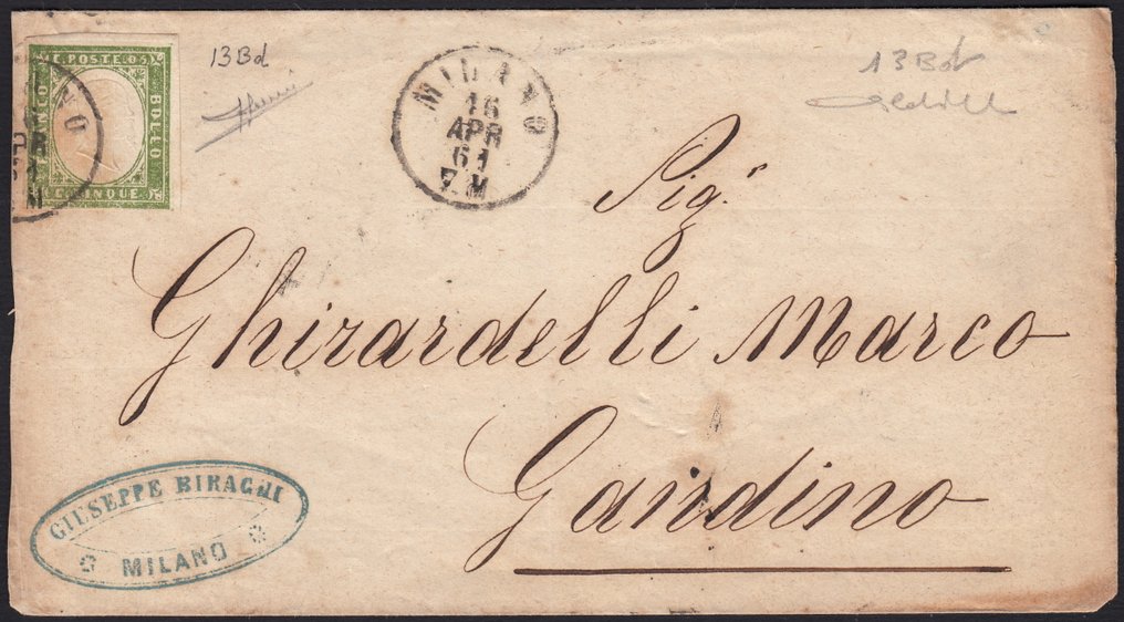 意大利古城邦-撒丁岛 1859 - 米兰发往甘迪诺的通告，日期为61年4月16日，用浅灰绿色橄榄色邮票贴盖。 - Sassone n. 13Bd #1.0