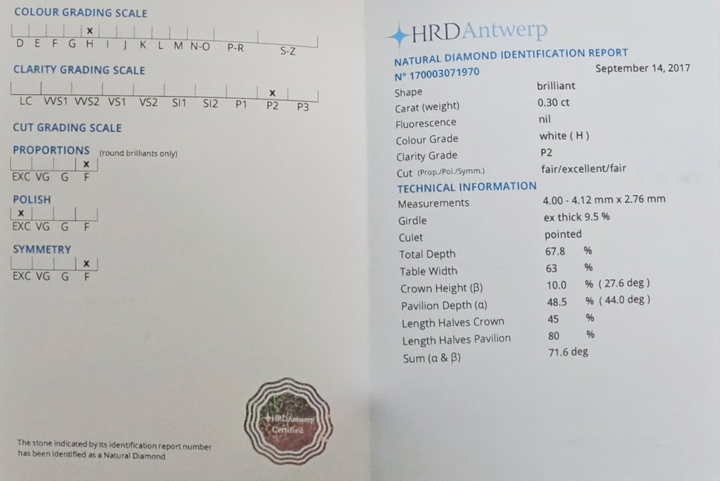 没有保留价 - 1 pcs 钻石  (天然)  - 0.30 ct - 圆形 - H - I2 内含二级 - 比利时高阶层钻石议会 #3.2