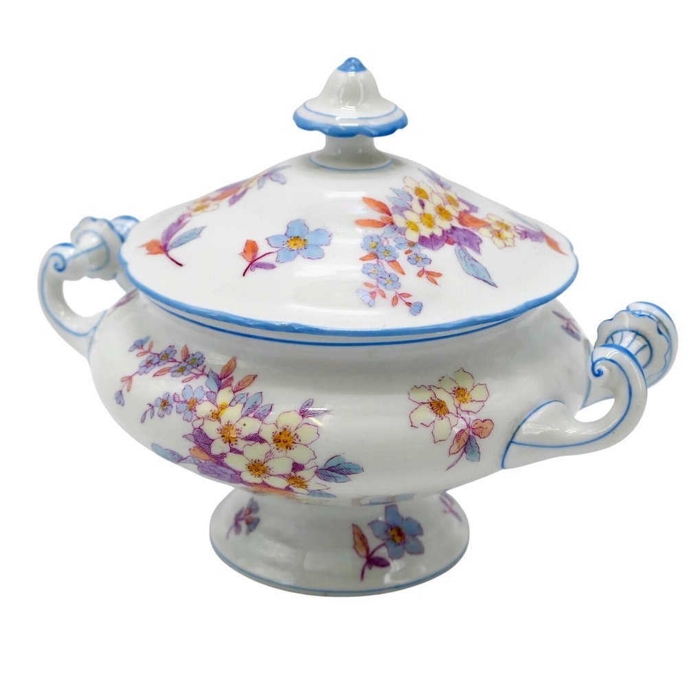 Table service for 6 (19) - Mod. 'Granduca Devon Rose' with Blue Mermaid Edge and Floral Decorations No. 3070, 1960s - Creamware #2.1