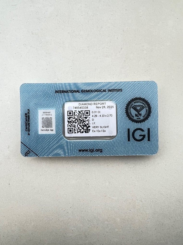 χωρίς τιμή ασφαλείας - 1 pcs Διαμάντι  (Φυσικό)  - 0.31 ct - Στρογγυλό - D (άχρωμο) - IF - International Gemological Institute (IGI) #2.1