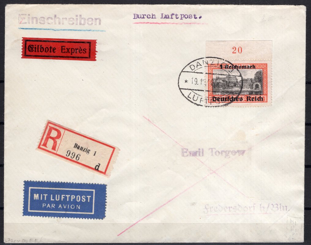 德意志帝國 1939 - Danzig告别 1 RM 来自上边缘的单一邮资贴 - Michel 728 #1.0