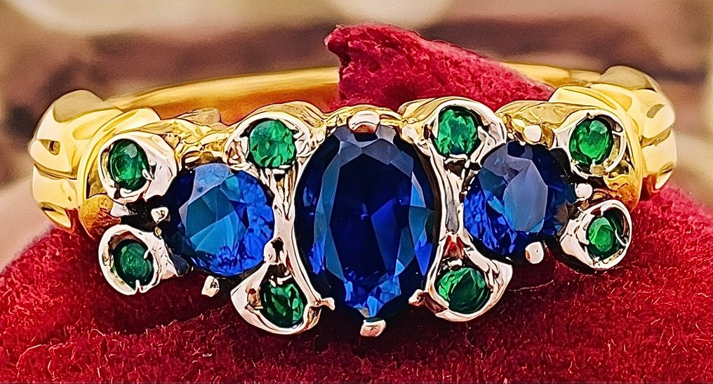 χωρίς τιμή ασφαλείας - Δαχτυλίδι - 9 kt. Κίτρινο χρυσό, Ασημί Ζαφείρι - Σμαράγδι #3.2