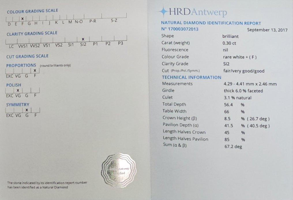 沒有保留價 - 1 pcs 鑽石  (天然)  - 0.30 ct - 圓形 - F(近乎無色) - SI2 - HRD Antwerp #3.2