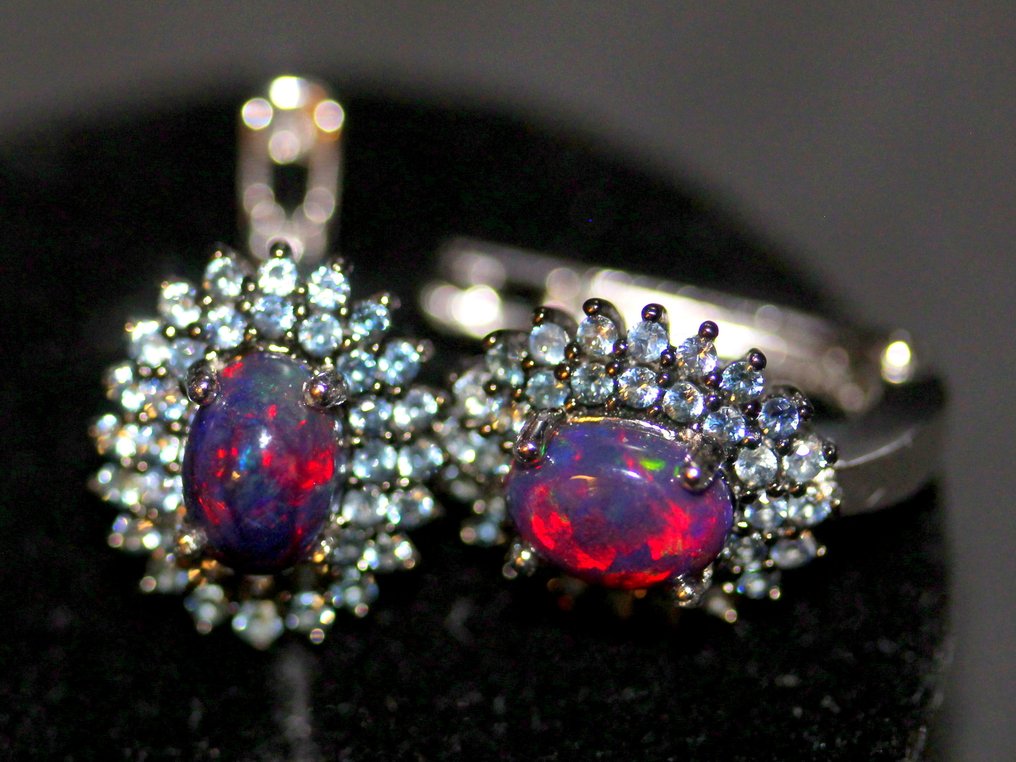 Orecchini in vero opale nero multicolore e zaffiro blu - argento 925 - senza prezzo di riserva Lucidato- 4.11 g #2.1