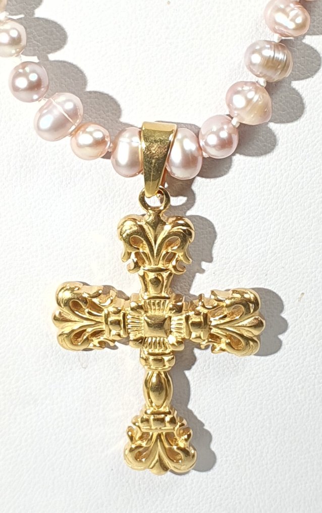 天然淡水粉色珍珠与Cruz XL配以锆石——925纯银镀金闭合 - 项链 #1.0