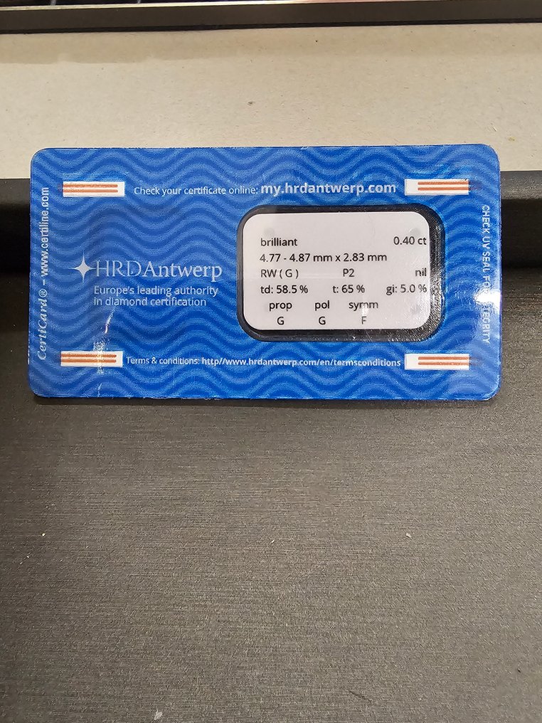 沒有保留價 - 1 pcs 鑽石  (天然)  - 0.40 ct - 圓形 - G - I2 - HRD Antwerp #1.0