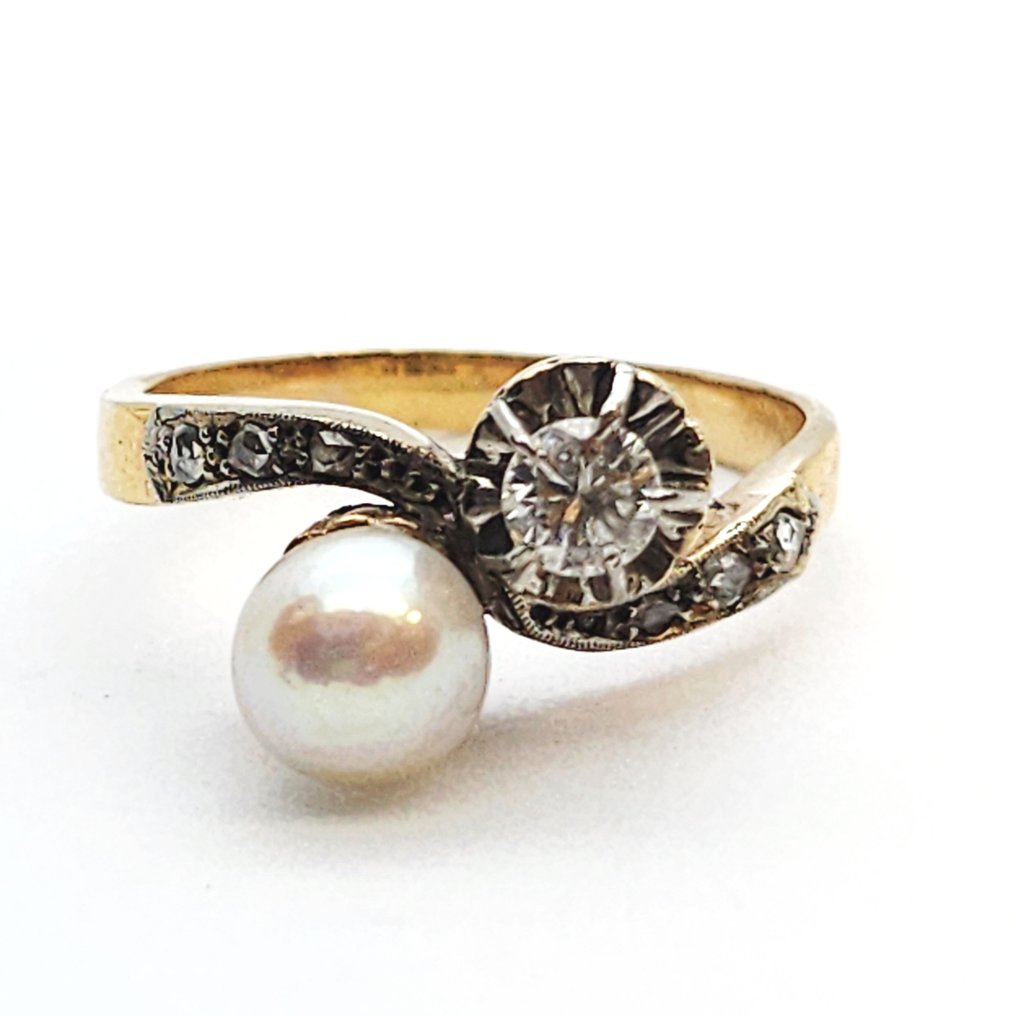 Δαχτυλίδι - 18 καράτια Κίτρινο χρυσό Μαργαριτάρι - Διαμάντι #1.0