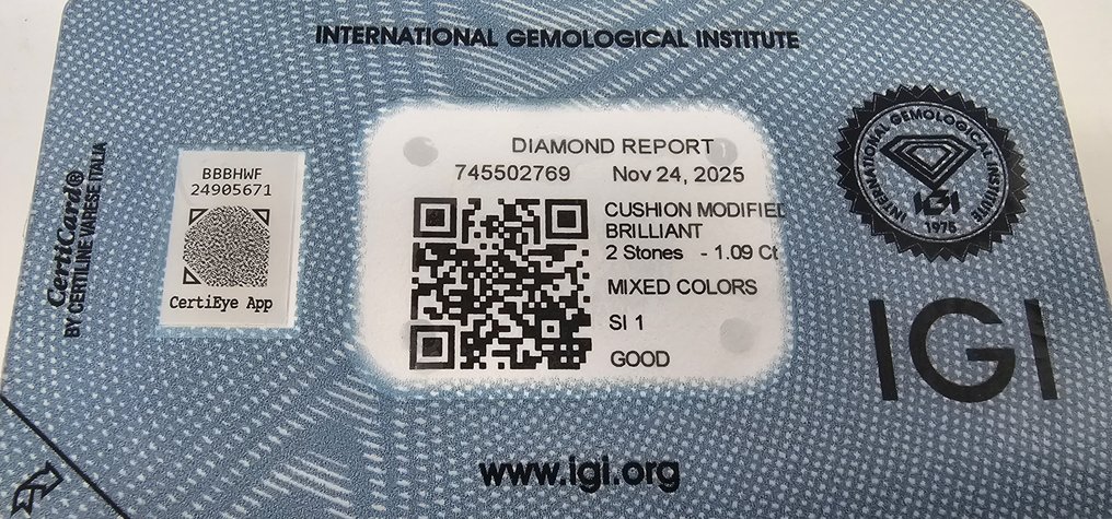 χωρίς τιμή ασφαλείας - 2 pcs Διαμάντι  (Φυσικό)  - 1.09 ct - Κούσιον - SI1 - International Gemological Institute (IGI) - Πολύ κομψό καφέ κίτρινο. #3.2