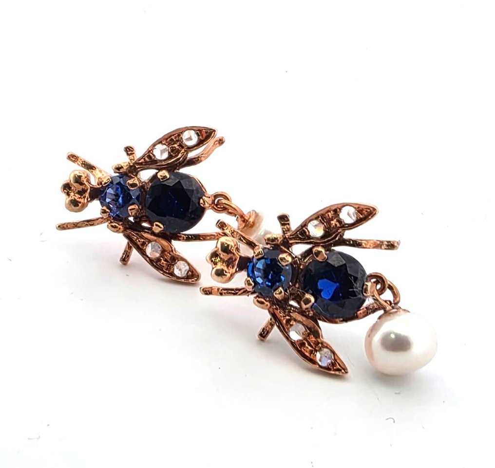 Ohne mindestpreis - Ohrringe - 9 Kt Roségold, Silber Saphir - Diamant #3.2