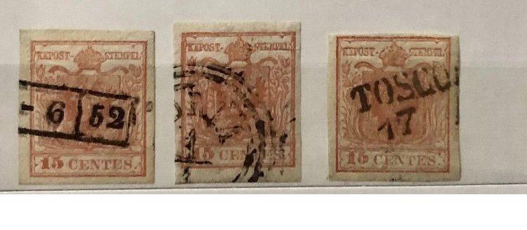 Αυστρία 1850/1851 - Αυστρία Λομβαρδία Βενετία 15 σεντ II τύπος 1851 χρησιμοποιημένα 9 δείγματα κατάλογος sassone €1350 #1.0