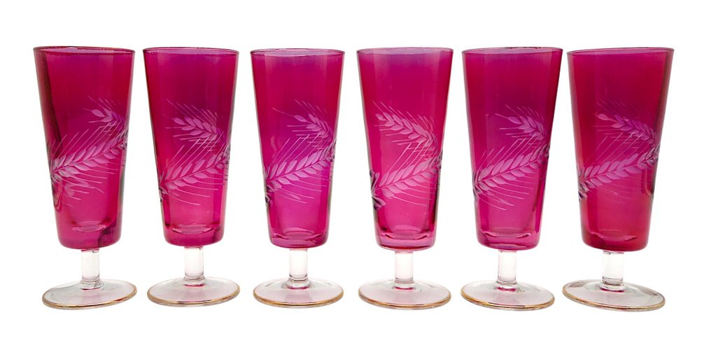 Κολονάτο ποτήρι σαμπάνιας - 6 τεμάχια φιάλες Mirtillo Rosso με κριθάρι και λεπτομέρειες σε 24 καρατίων χρυσό - Στυλ Mary Gregory - Χειροποίητο σκαλιστό κρύσταλλο. - δεκαετία του 1950 #4.3