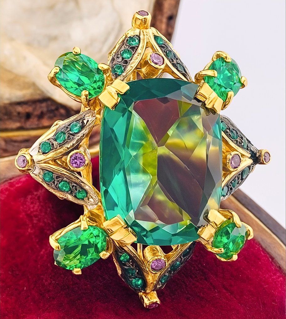 χωρίς τιμή ασφαλείας - Δαχτυλίδι - 9 kt. Κίτρινο χρυσό, Ασημί Σμαράγδι - Αμέθυστος #4.3