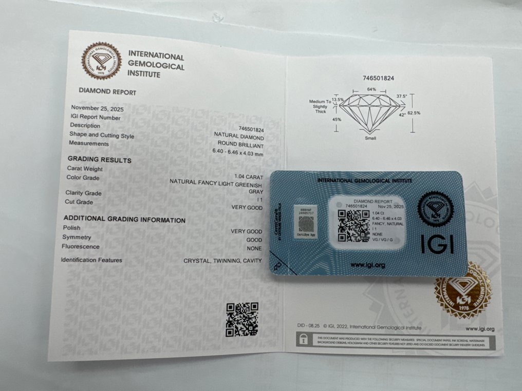 Fără preț de rezervă - 1 pcs Diamant  (Colorat natural)  - 1.04 ct - Rotund - Fancy light verzui, Gri - I1 - IGI (Institutul gemologic internațional) #3.2