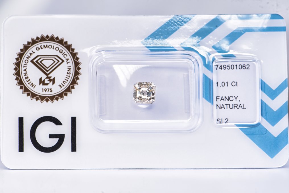 No reserve price - 1 pcs Diamond  (Natural coloured)  - 1.01 ct - Emerald - Fancy light Greyish, Brownish Yellow - SI2 - International Gemological Institute (IGI) - VG #1.0
