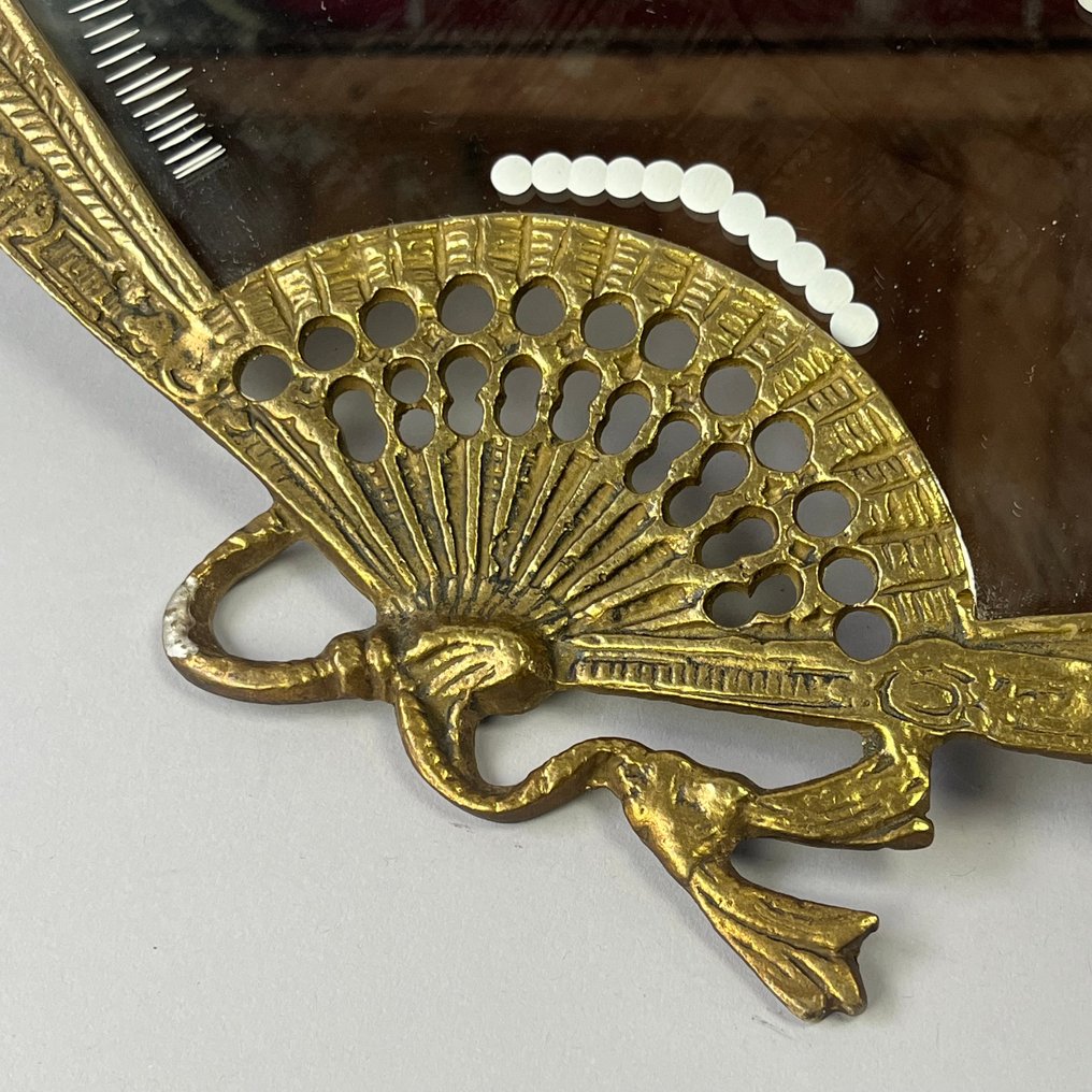 镜子- 复古 - 铜制底座风扇镜，配有流苏，雕刻玻璃装饰 - 约1940年  - 黄铜, 玻璃 #2.1