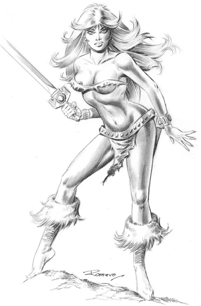 Romero, Enric Badia - 原始铅笔 - Axa Girl with Sword -  Hand Signed #2.1