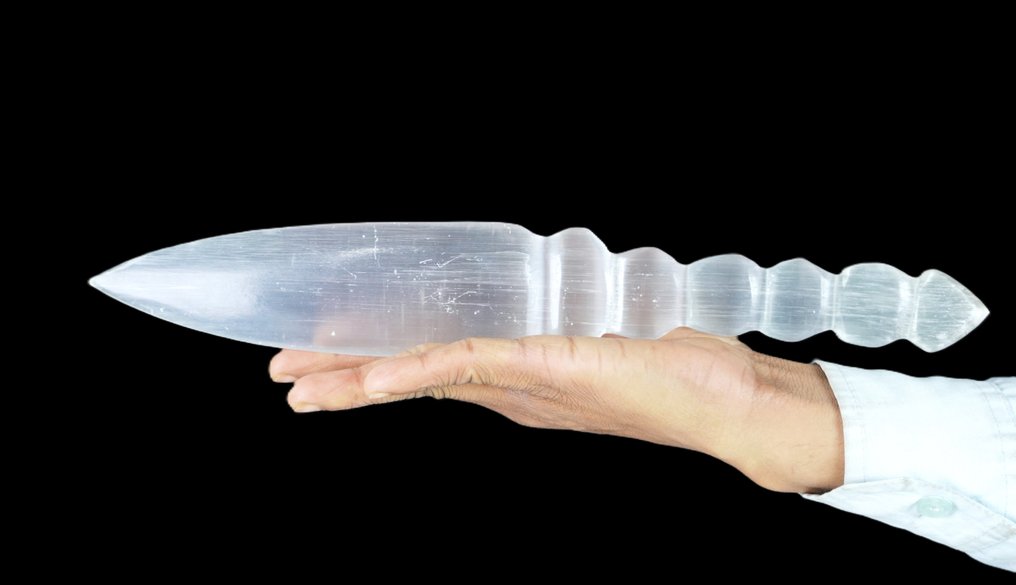 独特装饰 - 白色石膏水晶石 - 矛头 - 打制燧石 - 手工制作 刀 - 高度: 315 mm - 宽度: 50 mm- 268 g - (1) #4.3