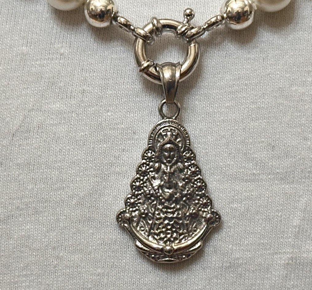 超级长款白色珍珠母项链和Virjin Rosio。圣人保护者。 - 吊坠项链 - 高品质·925纯银 #1.0