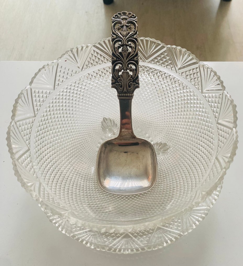 Noorwegen 830S silver Brodrene lohne Klotser - 糕点餐具 (3) - 玻璃水果盘配银色设计勺子 - 玻璃 #1.0