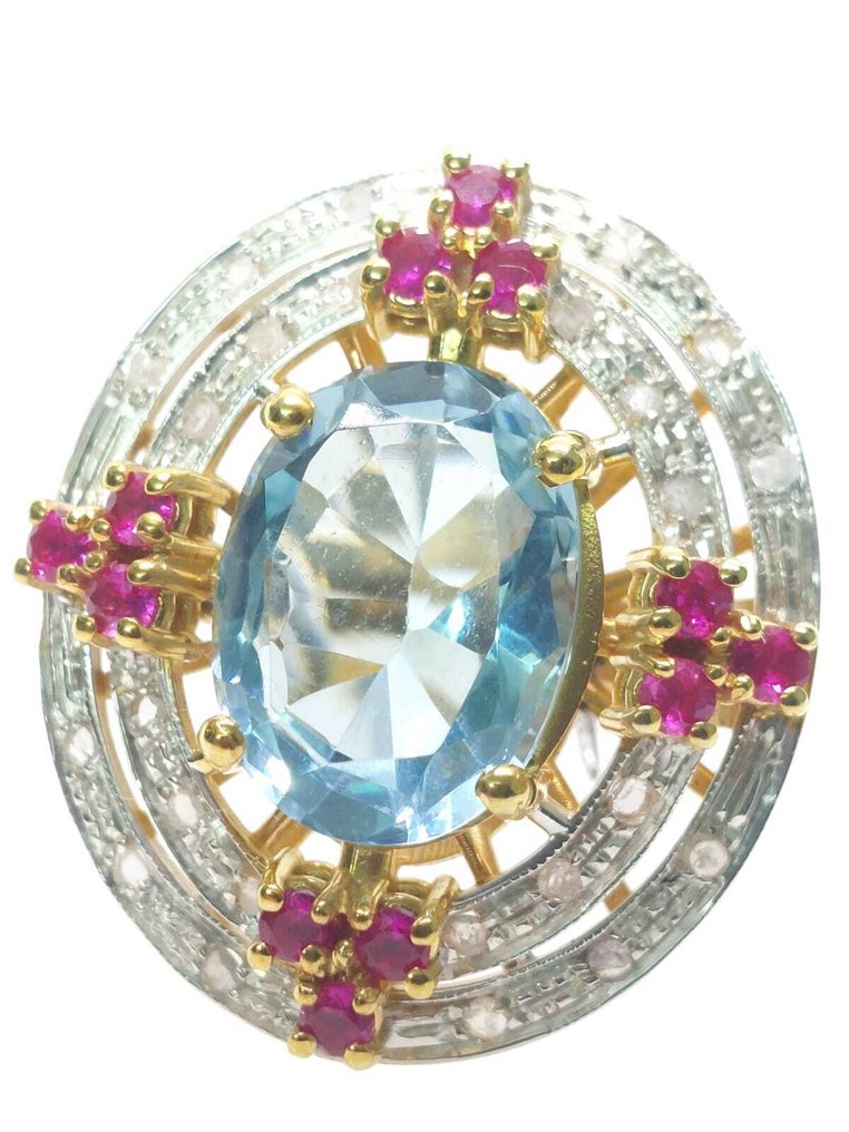 χωρίς τιμή ασφαλείας - Δαχτυλίδι - 9 kt. Ασημί, Κίτρινο χρυσό Ακουαμαρίνης - Διάφοροι πολύτιμοι λίθοι #1.0