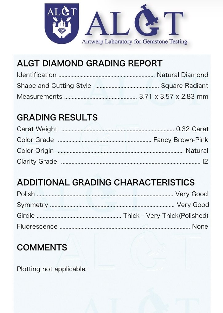 χωρίς τιμή ασφαλείας - 1 pcs Διαμάντι (Φυσικού χρώματος) - 0.32 ct - Ράντιαν - Fancy Καφέ Ροζ - I2 - Antwerp Laboratory for Gemstone Testing (ALGT) #2.1