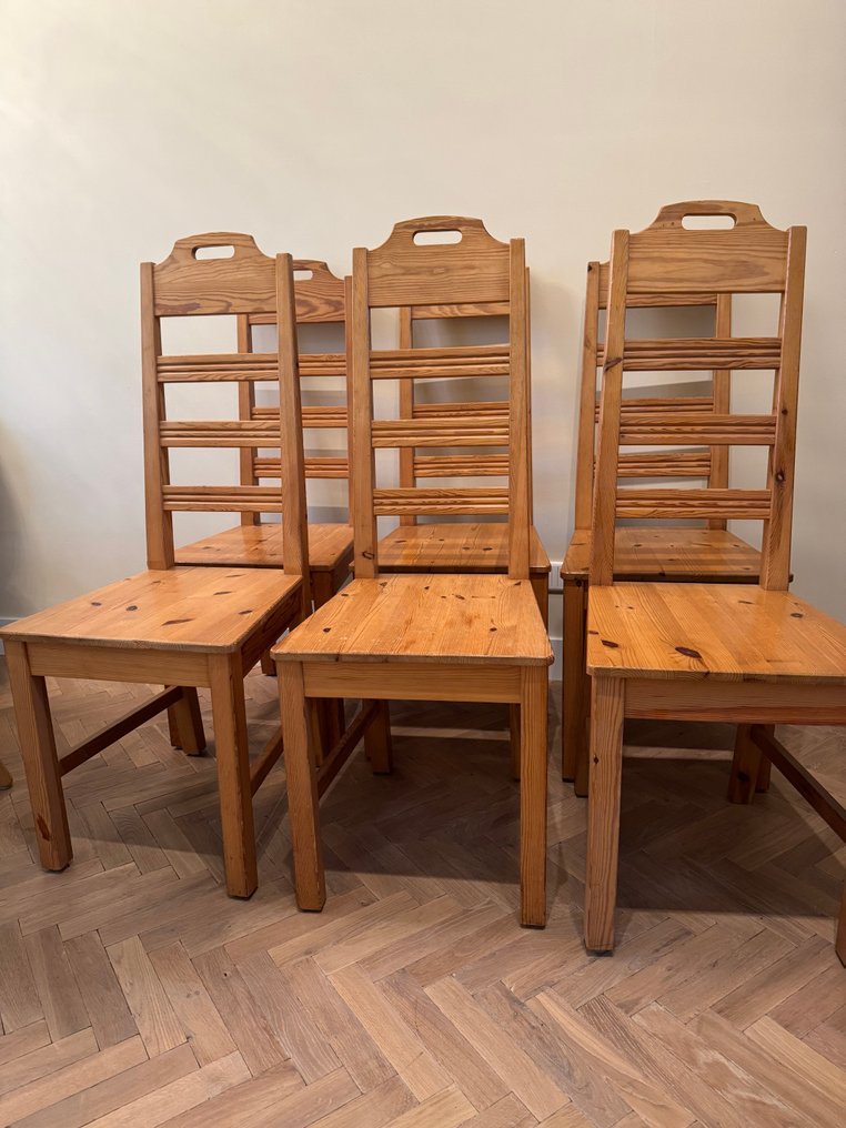 Sedia da pranzo - Seduta con schienale a scaletta alta e maniglia integrata - legno di acero - Set di sei sedie da pranzo in legno massiccio di pino con schienale alto a scala #1.0