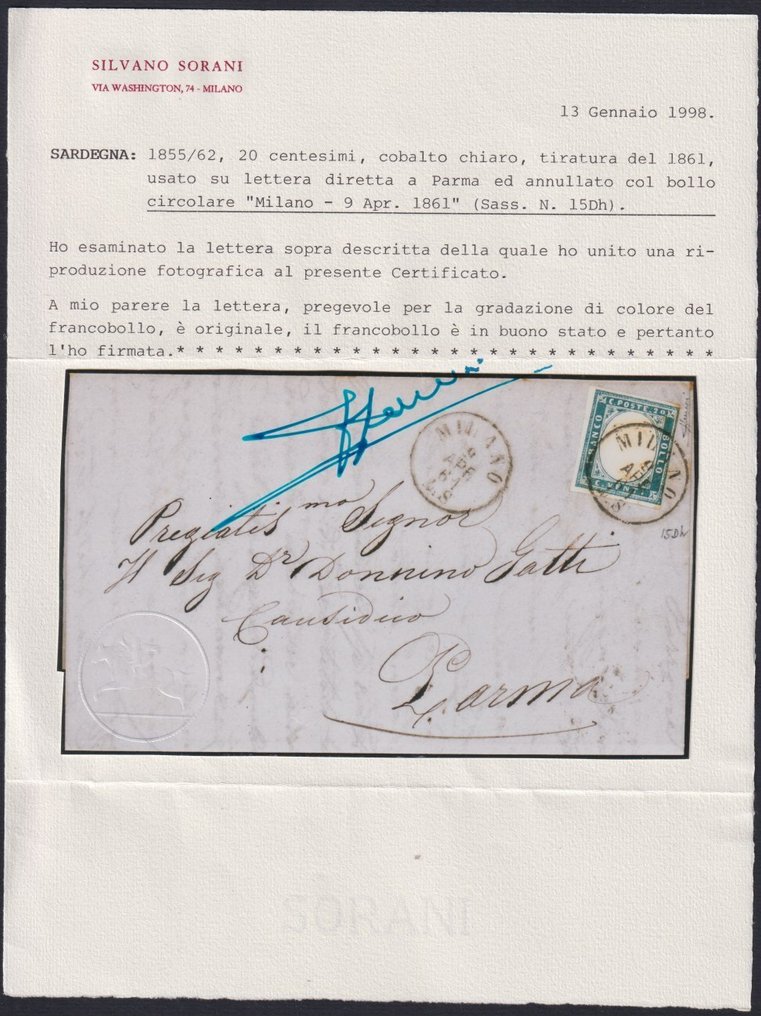 意大利古城邦-撒丁岛 1861 - 一封于1961年4月9日从米兰寄往帕尔马的信件，用明亮的钴蓝色邮票邮寄，邮票面值为20分，第二版。 - Sassone n. 15Dh #2.1
