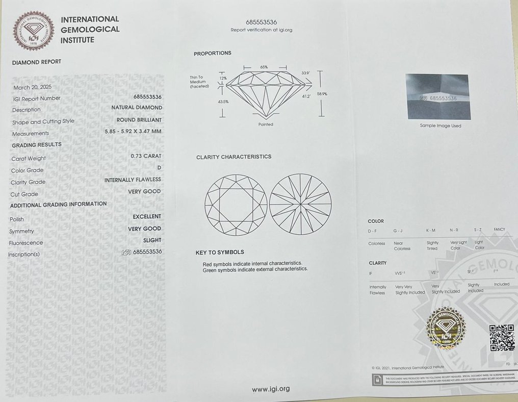 1 pcs 钻石  (天然)  - 0.73 ct - 圆形 - D (无色) - IF - 国际宝石研究院（IGI） #2.1