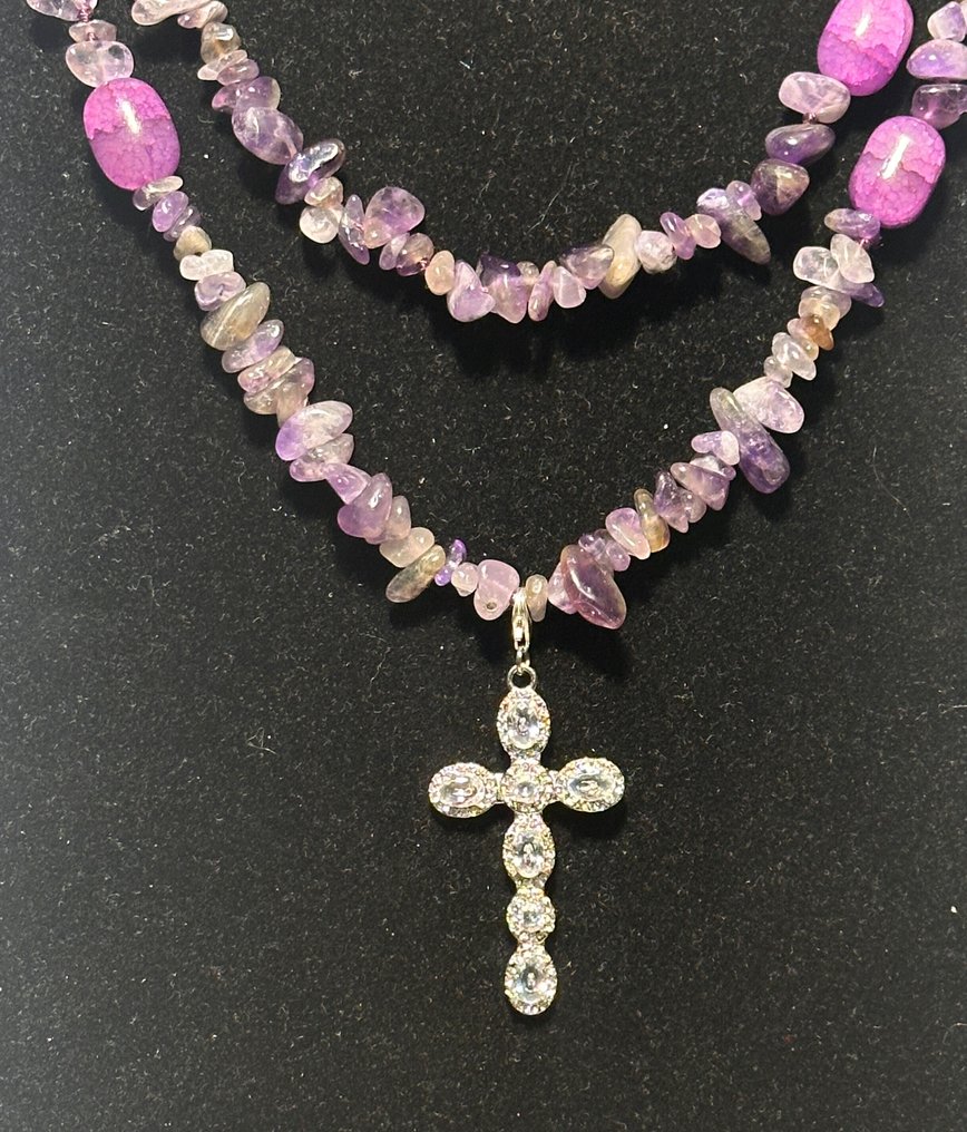 Φυσική αμέθοδος και χαλαζίας από τη Βραζιλία με Καθολικό Σταυρό και Ζιρκονίες. - Σετ κοσμημάτων 2 τεμαχίων - Με ασήμι 925. #3.2