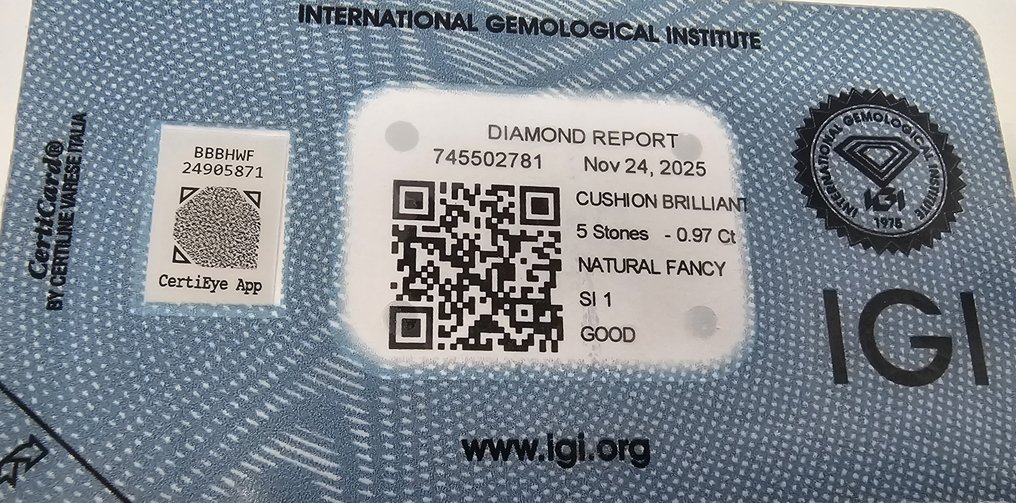 没有保留价 - 5 pcs 钻石  (天然)  - 0.97 ct - 枕形 - SI1 微内含一级 - 国际宝石研究院（IGI） - 华丽的深黄橙色 #3.2