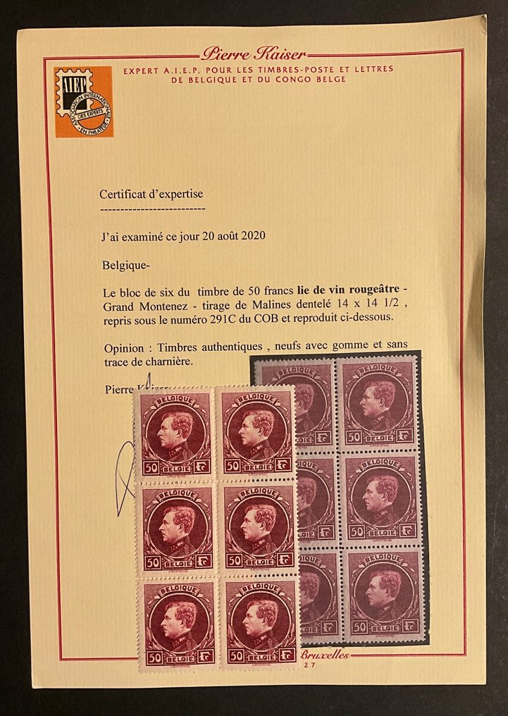 Βέλγιο 1929 - Αλμπέρ I - Grote Montenez - 3 πρόσθετες αποχρώσεις σε μπλοκ των 4 και 6. - OBP/COB 291 B/C/D - o.a. met Certificaat #3.2
