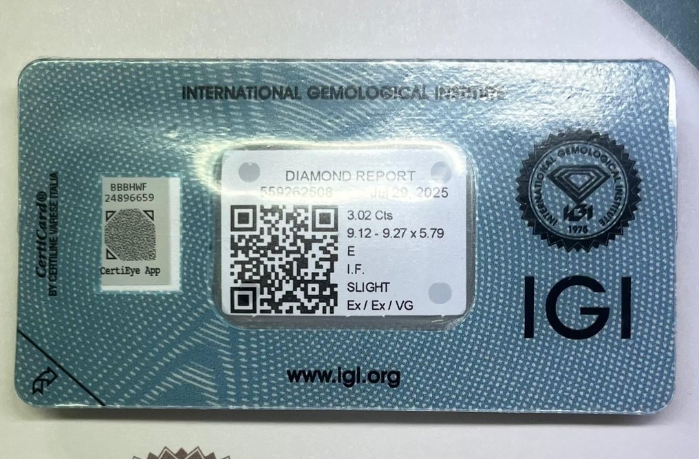 1 pcs Diament  (Naturalny)  - 3.02 ct - okrągły - E - IF - International Gemological Institute (IGI) #2.1