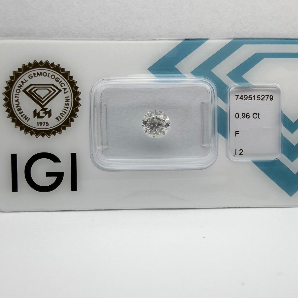 No reserve price - 1 pcs Diamond  (Natural)  - 0.96 ct - Round - F - I2 - International Gemological Institute (IGI) #4.3
