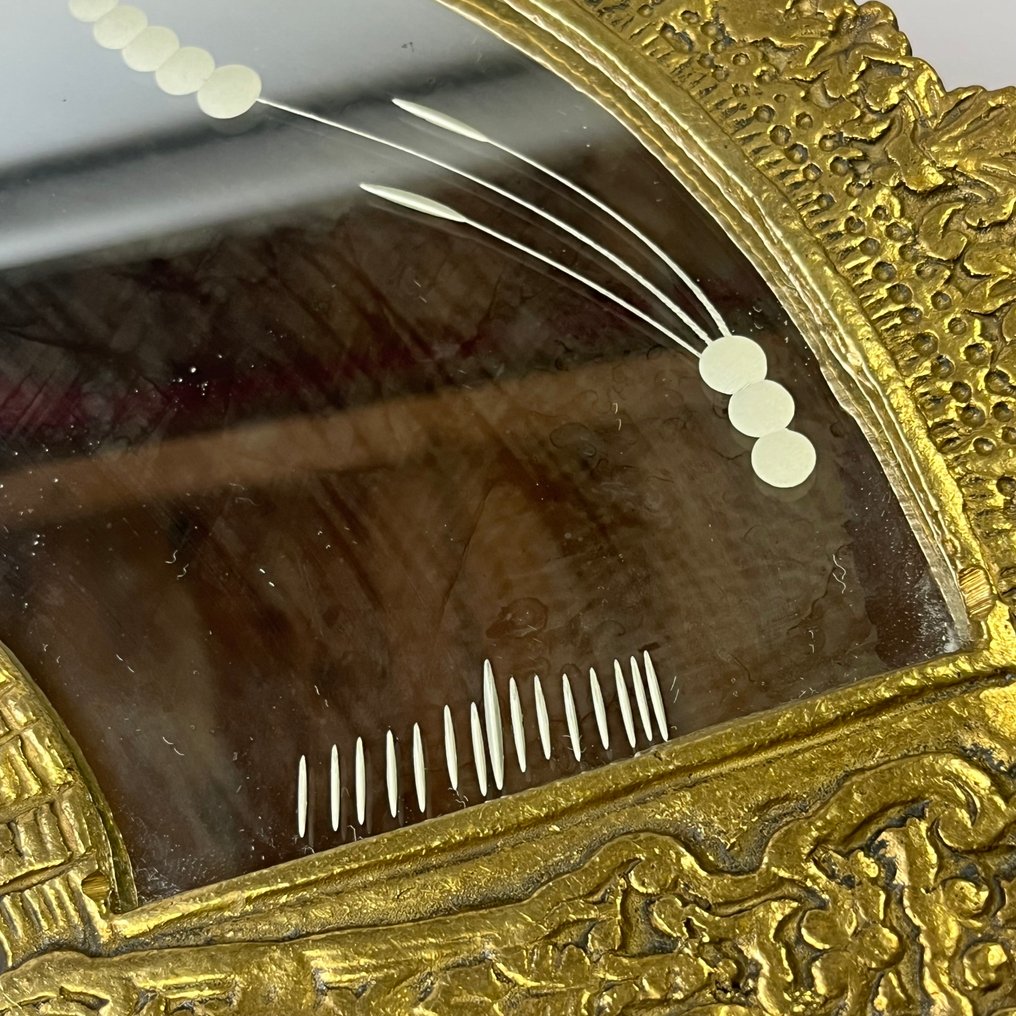 镜子- 复古 - 铜制底座风扇镜，配有流苏，雕刻玻璃装饰 - 约1940年  - 黄铜, 玻璃 #3.2