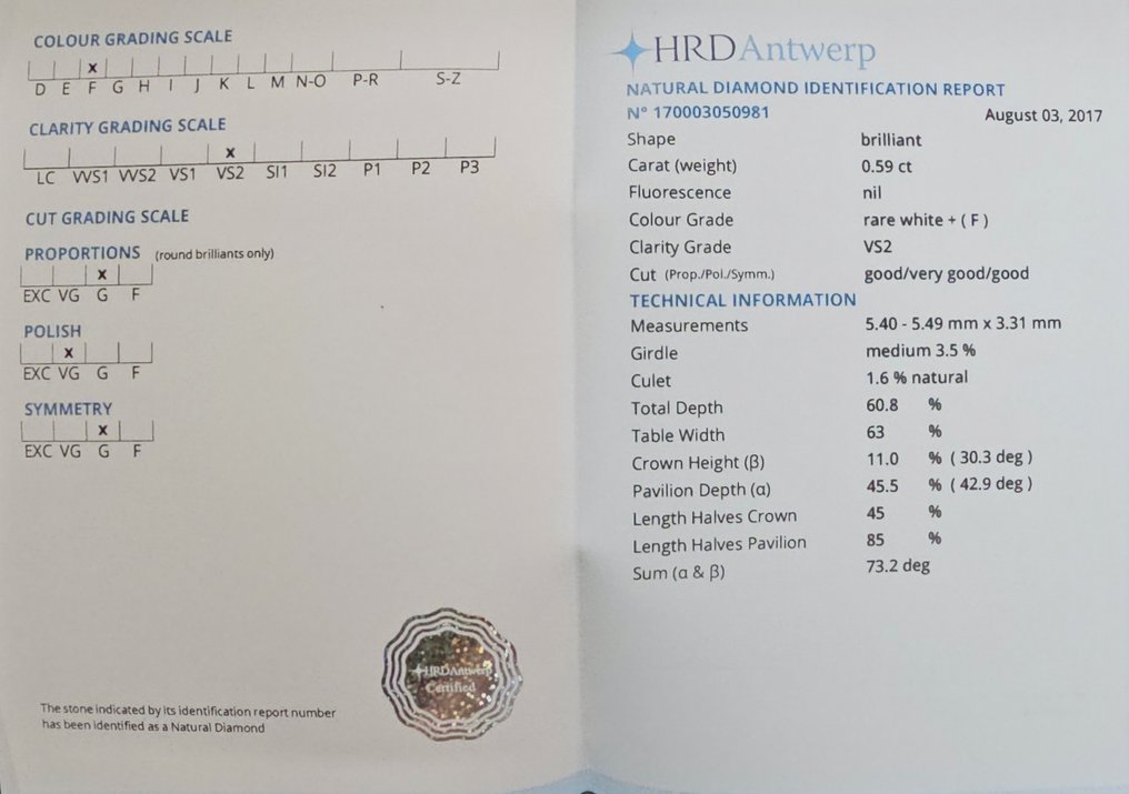 χωρίς τιμή ασφαλείας - 1 pcs Διαμάντι  (Φυσικό)  - 0.59 ct - Στρογγυλό - F - VS2 - HRD Αμβέρσας #3.2