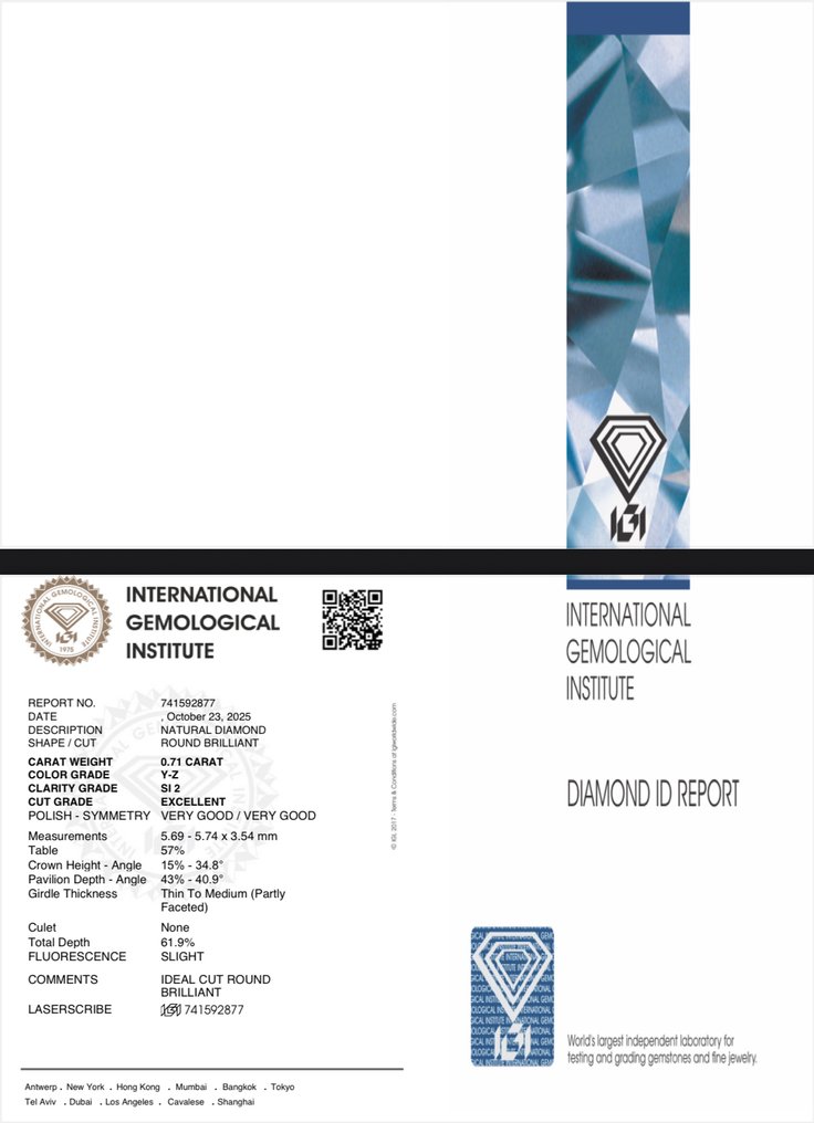 没有保留价 - 1 pcs 钻石  (天然)  - 0.71 ct - 圆形 - SI2 微内含二级 - 国际宝石研究院（IGI） #4.3