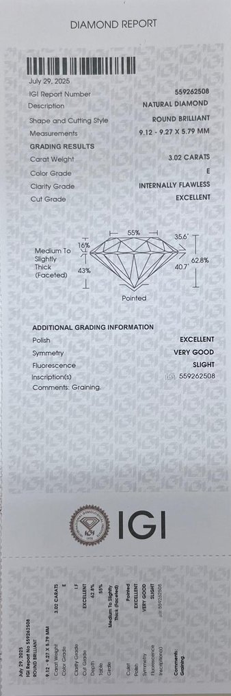 1 pcs Diament  (Naturalny)  - 3.02 ct - okrągły - E - IF - International Gemological Institute (IGI) #3.2